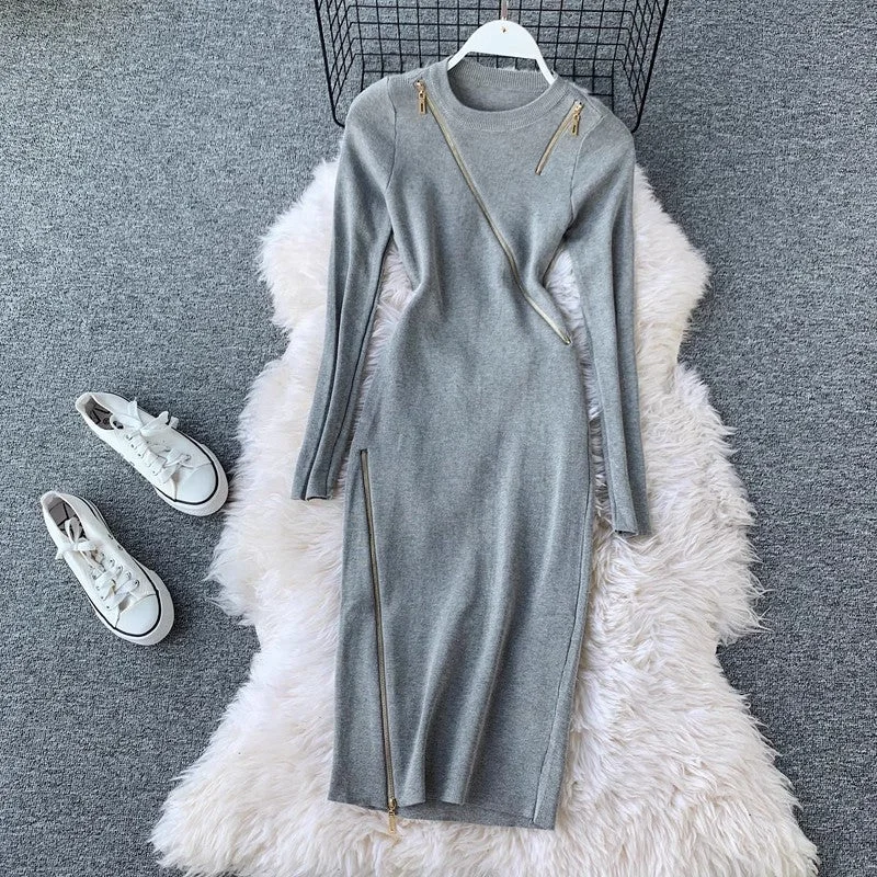 Fuzzy Knit Long Sleeves Dressdesign knitted skirt round neck long sleeves irregular zipper solid color dress for women      S4237