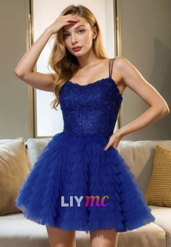 metallic party dressesScoop Spaghetti Straps Appliques A-Line Tulle Homecoming Dress