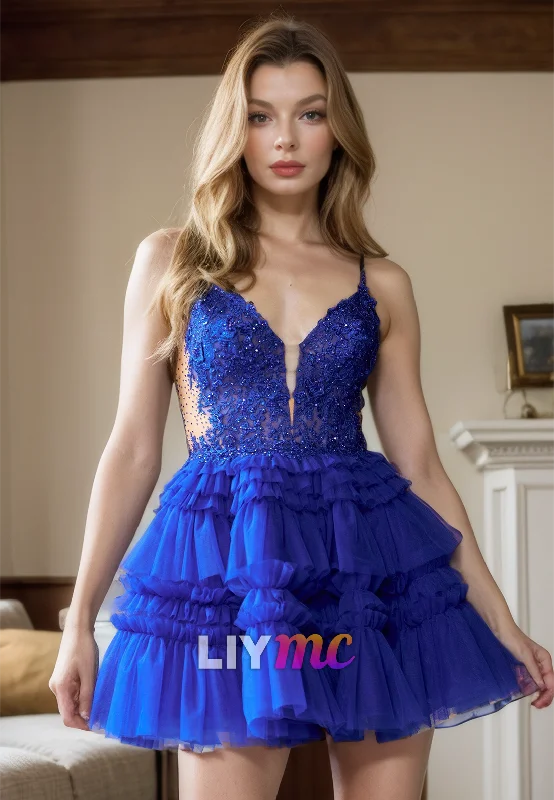 empire waist party dressesV-Neck Spaghetti Straps Appliques A-Line Tulle Short Homecoming Dress