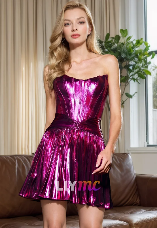 polyester party dressesScoop Strapless Pleated A-Line Sparkly Short Homecoming Dress