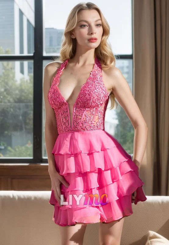 chiffon party dressesV-Neck Sleeveless Appliques Tiered A-Line Short Homecoming Dress