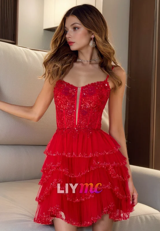 illusion-sleeve party dressesSweetheart Sleeveless Appliques Tiered A-Line Short Homecoming Dress