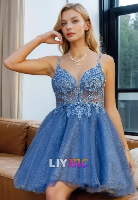 A-line party dressesSweetheart Sleeveless Appliques A-Line Tulle Short Homecoming Dress