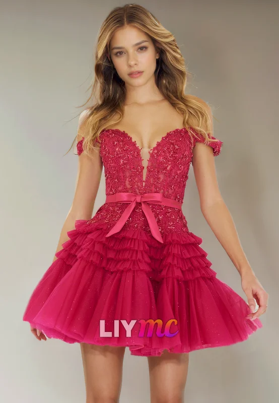 lace-up party dressesOff-Shoulder Strapless Appliques Tulle A-Line Short Homecoming Dress