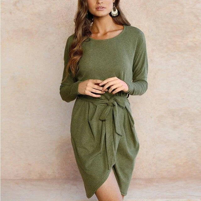 Formal Long Sleeves Lace-Up DressFashionSierra - Fashion Casual Solid Color Round Neck Lace Up Long Sleeve Women Dress Casual Long Sleeve Women Dress Fall Clothing Women