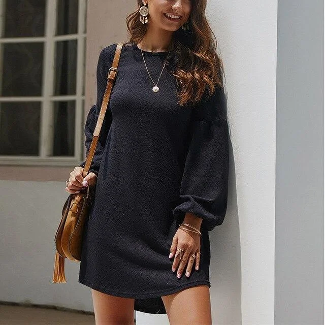 Flowing Long Sleeves Ruffle DressFashionSierra - Fashion Casual Solid Color Round Neck Loose Lantern Sleeve Women Dress Casual Long Sleeve Women Dress Fall Clothing Women