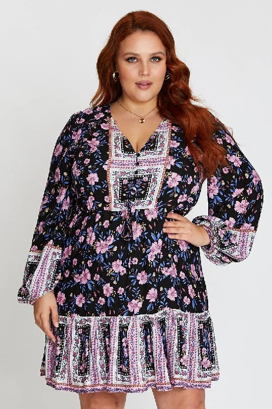 Flowing Long Sleeves Ruffle DressFloral Print Long Sleeve Boho Print Button Tiered Dress