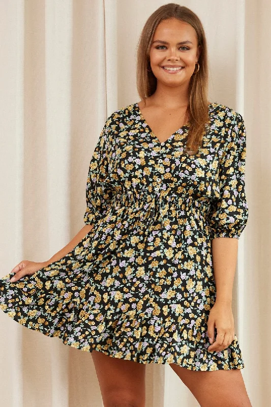 Flowery Long Sleeves Peplum DressFloral Print Skater Dress V-neck Long Sleeve