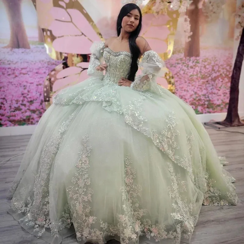 Fashionable Long Sleeves A-Line DressGillter Mint Green Mexico robes de soirée Long Sleeve Sweetheart Sweet 16 Dress Appliques Lace Bead vestidos quinceañera 2024