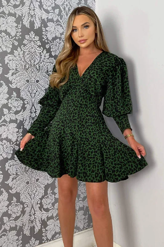 Fuzzy Long Sleeves Mother of the Bride DressGreen Animal Print V-Neck Long Sleeve Skater Dress