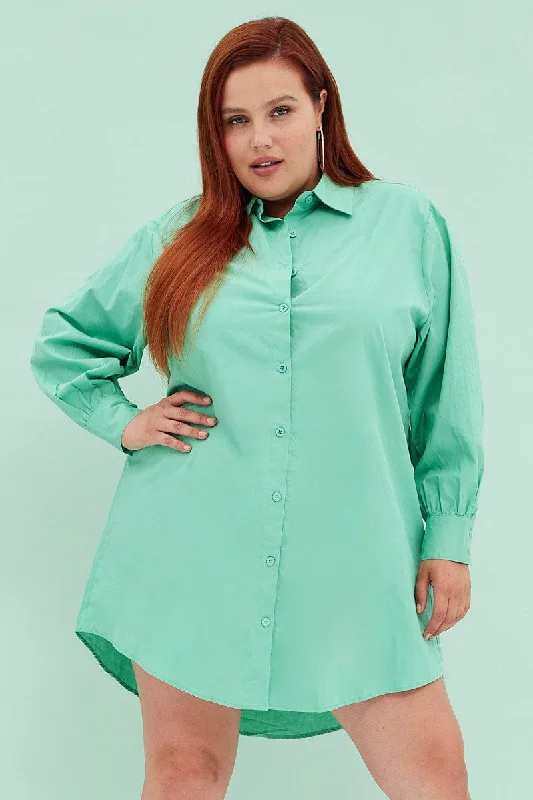 Formal Elegant Long Sleeves DressGreen Cotton Shirtdress Oversized Long Sleeve