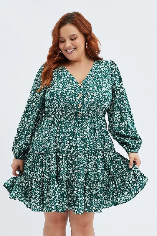 Flexible Long Sleeves Tunic DressGreen Ditsy Fit And Flare Dress Long Sleeve Button Front