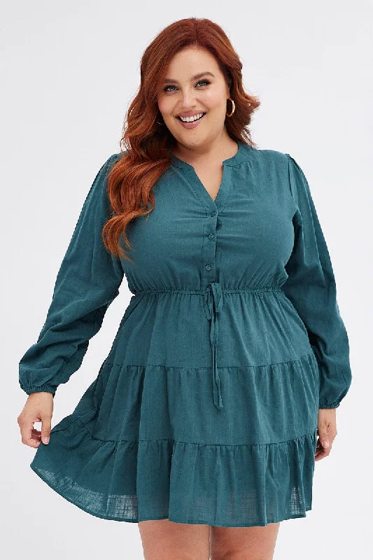 Fancy Long Sleeves Satin Slip DressGreen Shirt Dress Long Sleeve V-neck Tiered