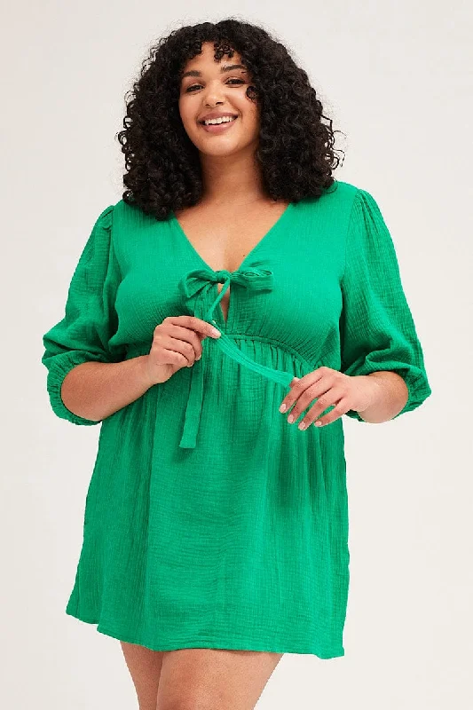 Fresh Floral Long Sleeves DressGreen Skater Dress V-neck Long Sleeve Tie Front