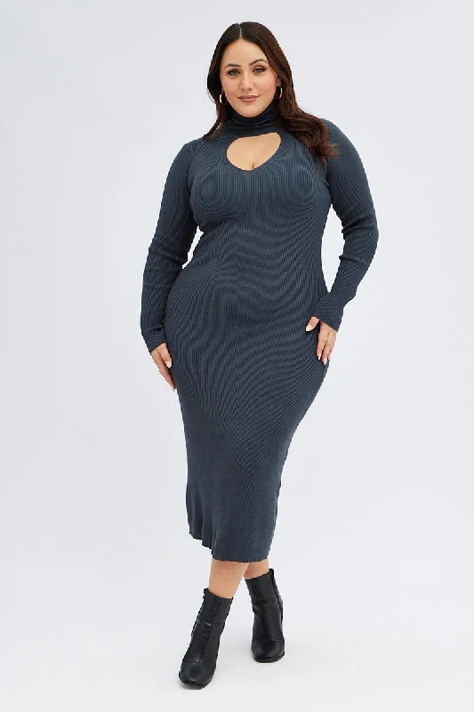 Feminine Long Sleeves DressGrey Knit Dress Long Sleeve High Neck Cut Out