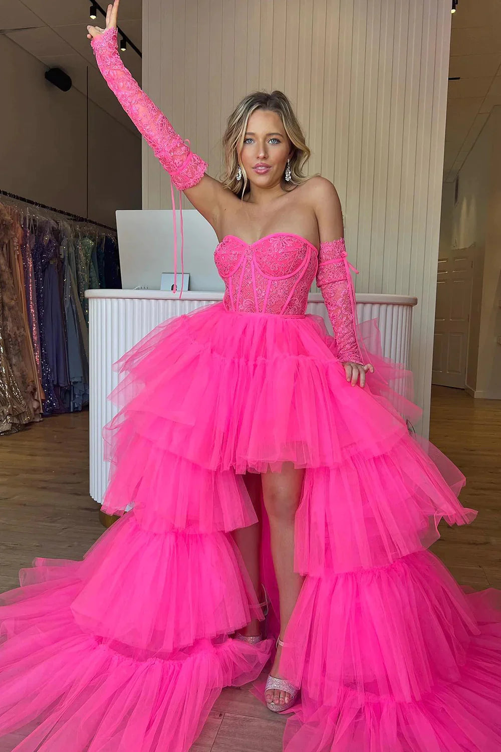 sustainable party dressesHot Pink High Low Detachable Sleeves Corset Homecoming Dress with Lace