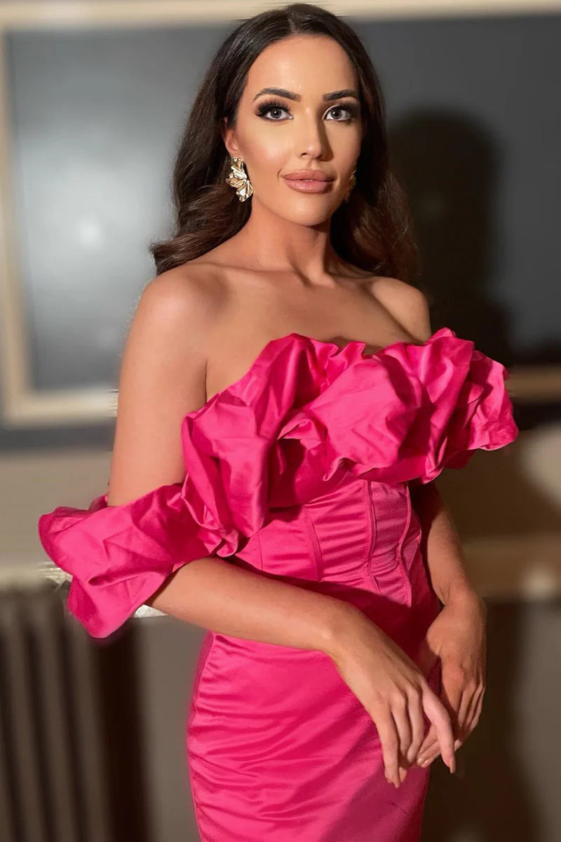 semi-formal party dressesHot Pink Sheath Off the Shoulder Ruffles Homecoming Dress