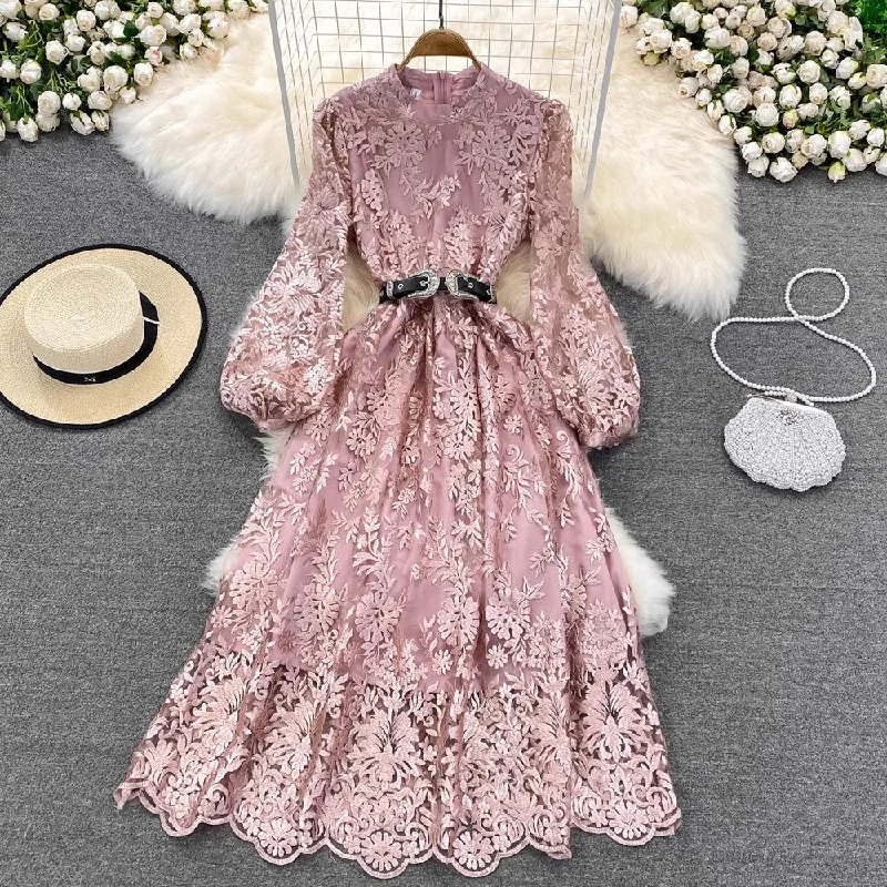 Flowery Lace Long Sleeves Dresslantern long sleeves lace A-line long skirt embroidery dress        S4181