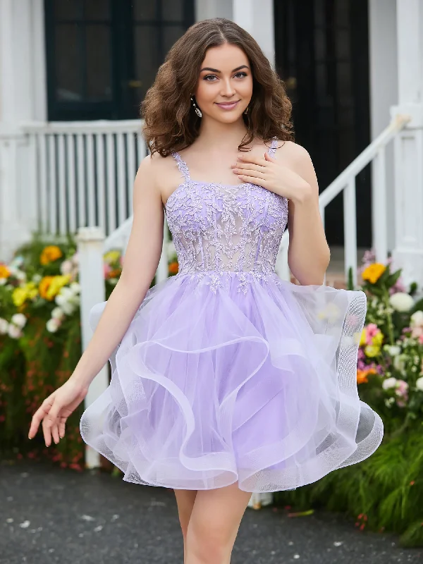 A-line party dressesAppliqued Corset Top Short Tulle Dress Lilac Homecoming Dress