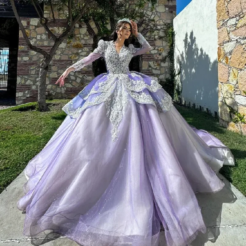 Formal Long Sleeves Bodycon Midi DressLilac Lavender Prinncess Quinceanera Dresses Long Sleeve Gillter Applique Lace Peplum vestidos de 15 años quinceañeras 2024 lujo