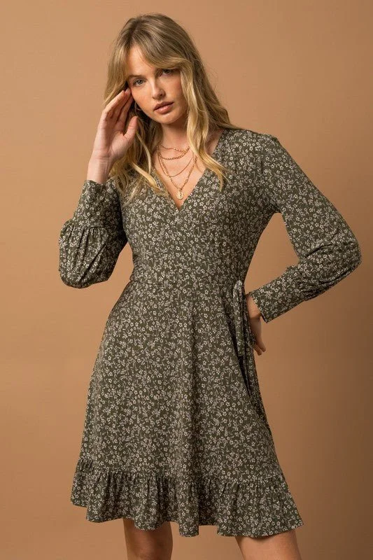 Fuzzy Long Sleeves Velvet DressLong Sleeve Faux Wrap Dress