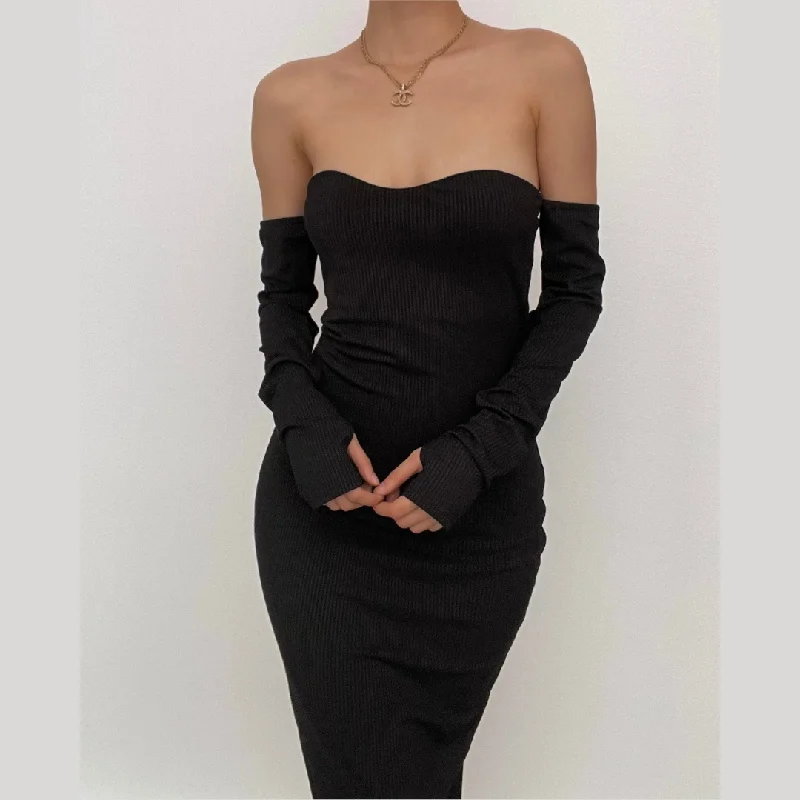 Fancy Lace Long Sleeves DressBerryBetty - Long sleeve solid ribbed off shoulder backless tube dress