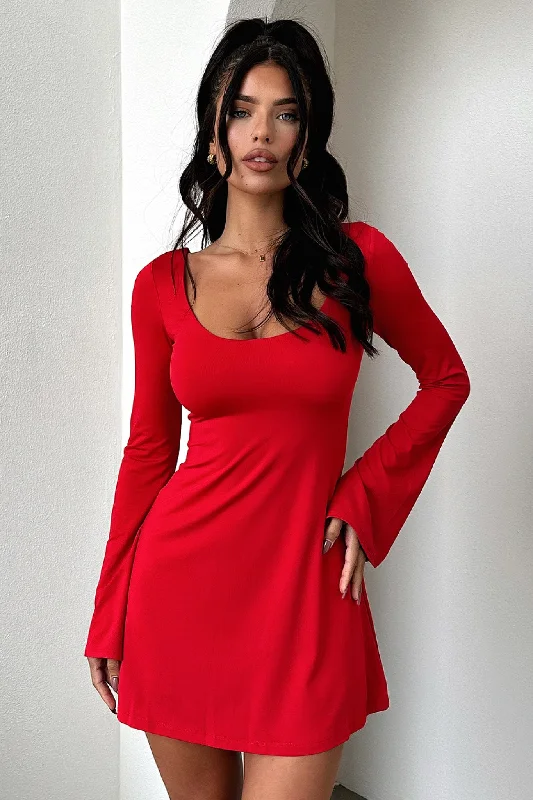 Fitted Floral Long Sleeves DressMarcia Long Sleeve Dress - Red