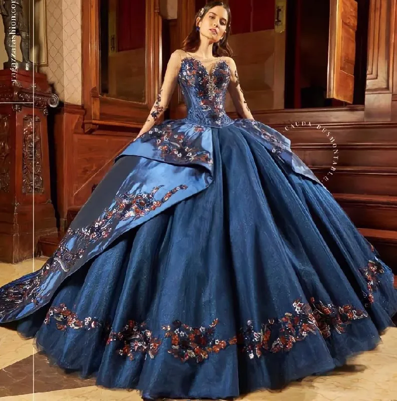 Flattering Long Sleeves DressMexican Navy blue Quinceanera Dresses long sleeve Flowers Lace Appliques Rhinestones Sweet 16 Dress Vestido De 15 Anos lace up