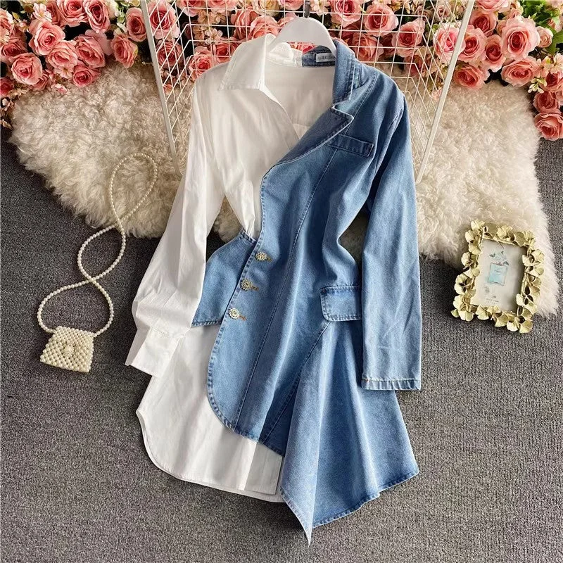 Fuzzy Long Sleeves Mother of the Bride DressNew Fashion Irregular Denim Long Sleeve Shirt Dress Polo Skirt     S4065