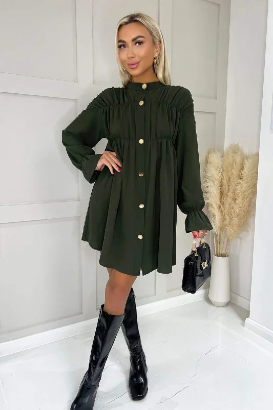 Full-Figured Long Sleeves DressOlive Long Sleeve Gathered Detail Button Front Dress