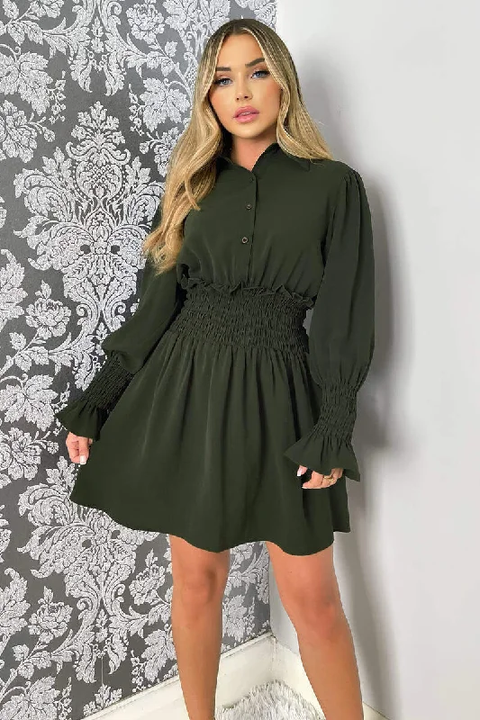 Formal Long Sleeves Evening DressOlive Shirred Waist Long Sleeve Shirt Dress