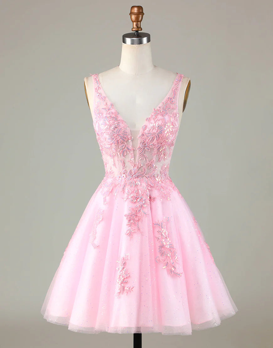 summer party dressesPink Glitter Cut A-Line Homecoming Dress with Appliques