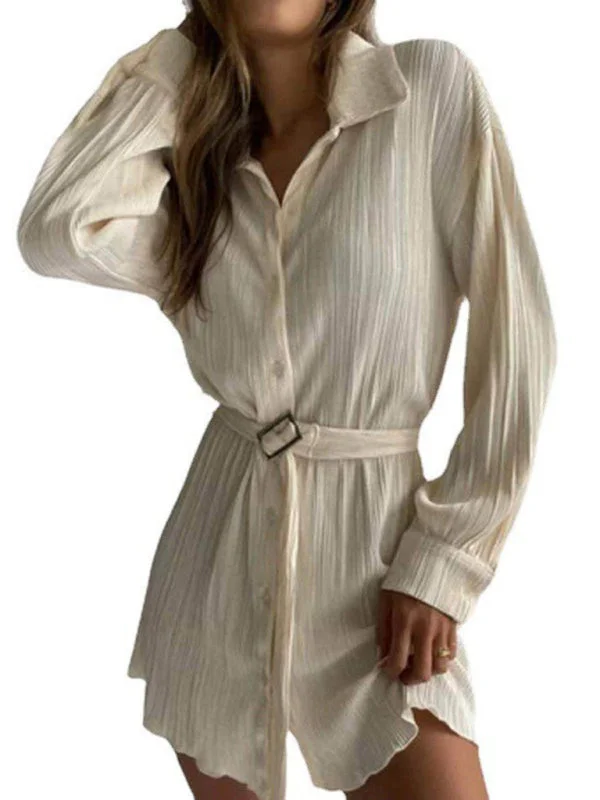 Flexible Long Sleeves Tunic DressBerryBetty - Pleated Long Sleeve Belted Shirt Casual Fashion Dress