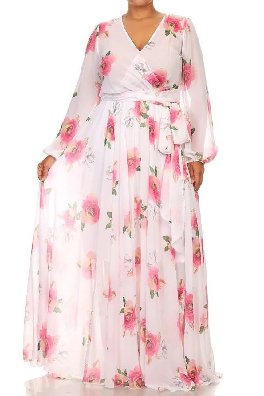 Flowery Long Sleeves Tea DressDress Floral Chiffon Sheer Wrap Print Long Sleeve Wrap Sweep Pink