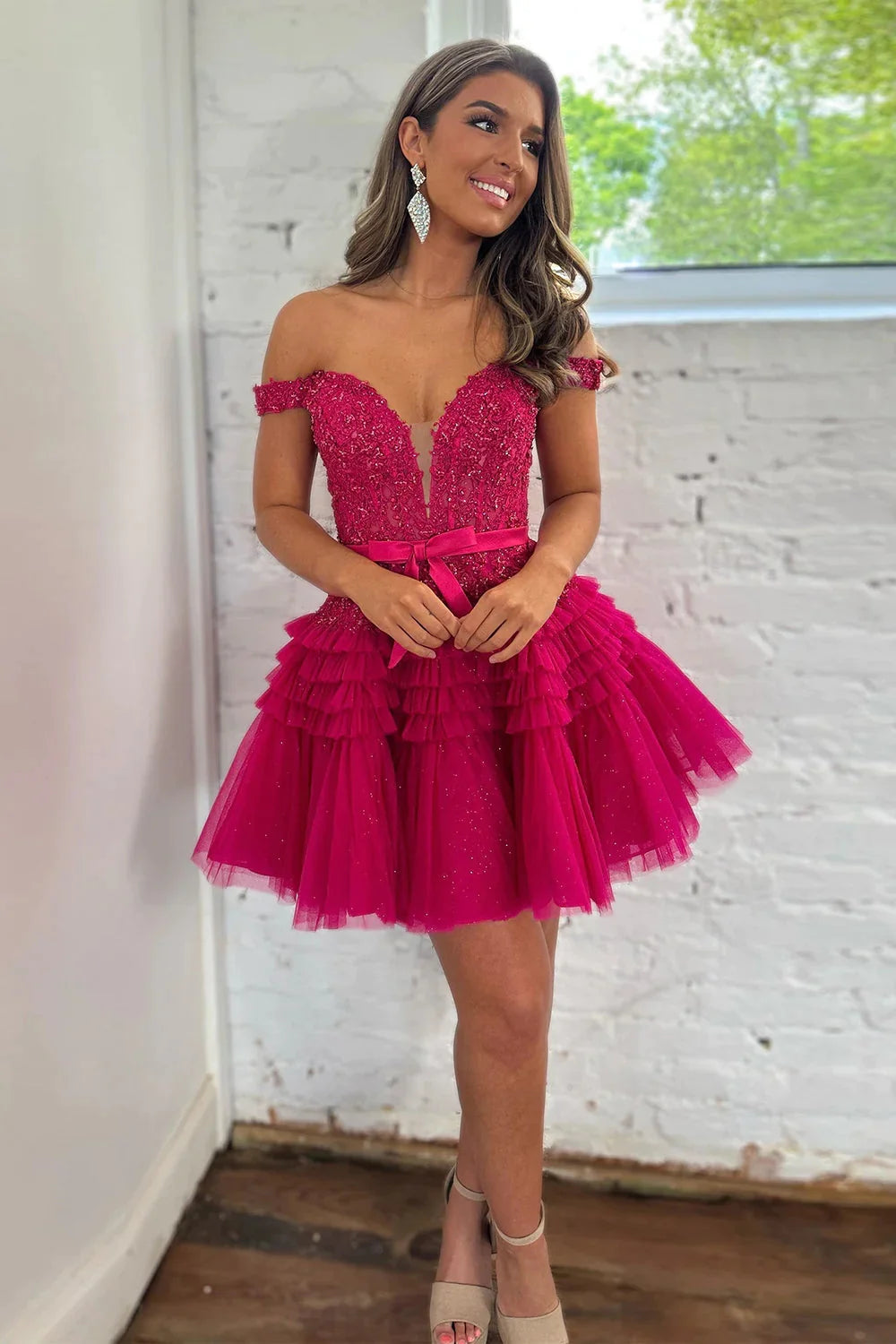 plus-size friendly party dressesPrincess Off the Shoulder Fuchsia Short Homecoming Dress with Ruffles