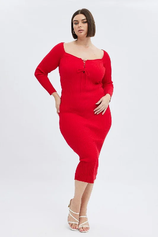 Formal Long Sleeves Bodycon Midi DressRed Knit Dress Lace Up Front Long Sleeve Rib