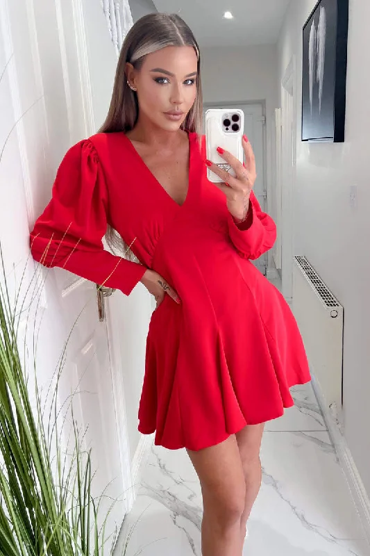 Fancy Long Sleeves Wedding Guest DressRed V-Neck Long Sleeve Skater Dress