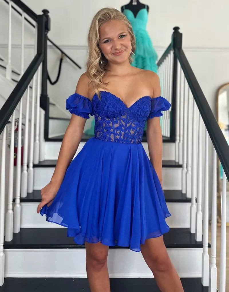 homecoming party dressesRoyal Blue A Line Lace Off the Shoulder Homecoming Dress with Appliques