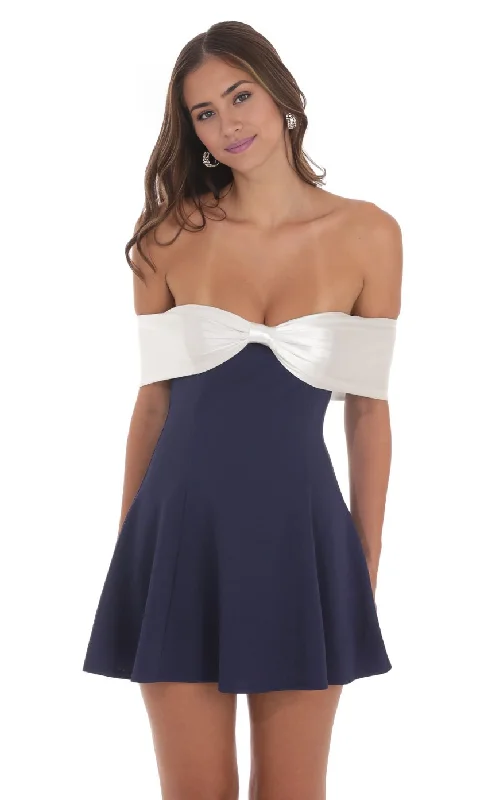 maxi party dressesSatin Front Bow Off Shoulder Dress in Navy Homecoming Dress