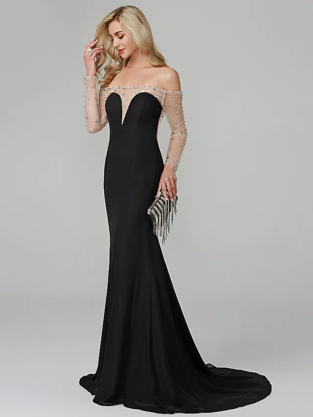 Full-Body Long Sleeves Jumpsuit DressSee Through Dress Holiday Floor Length Long Sleeve Off Shoulder Chiffon with Beading