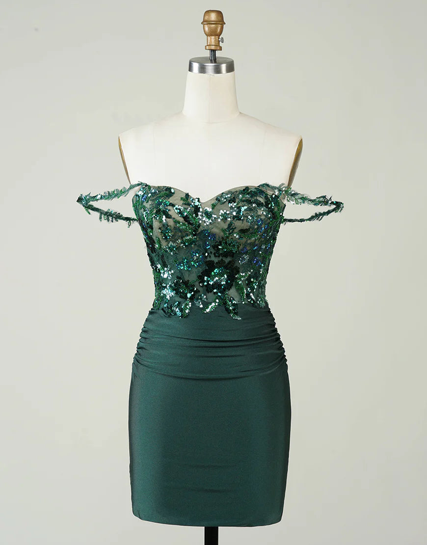 birthday party dressesSequins/Sparkling Off Shoulder Sheath Dark Green Short Homecoming Dress with Appliques