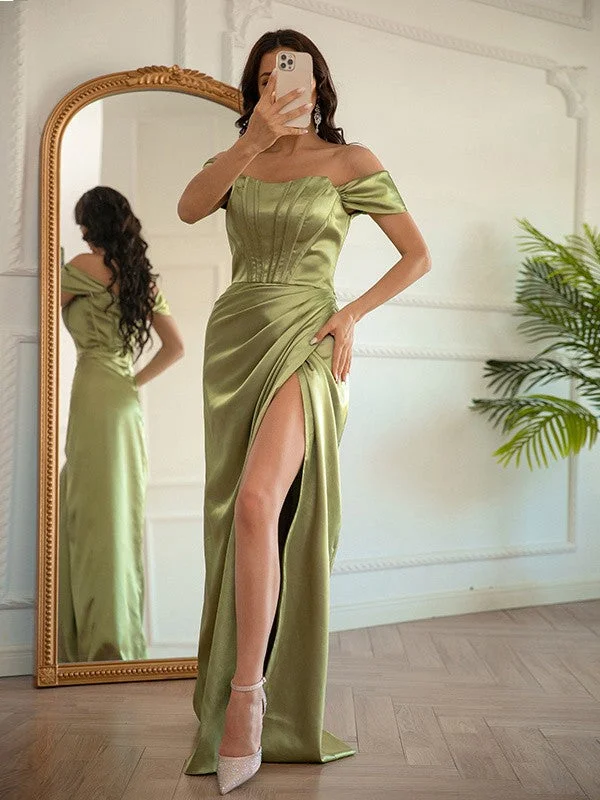 Sleeveless Dress In LinenSheath/Column Elastic Woven Satin Ruched Off-the-Shoulder Sleeveless Floor-Length Dresses