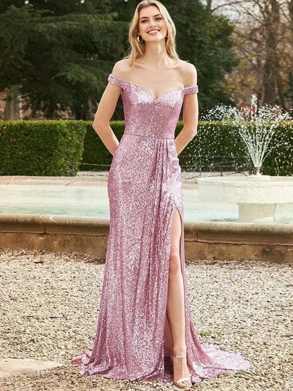 Sleeveless Dress With Sleeves (convertible)Sheath/Column Sequins Ruffles Off-the-Shoulder Sleeveless Sweep/Brush Train Dresses