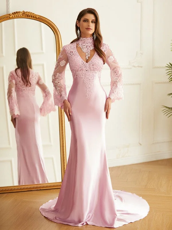 Fabulous Long Sleeves DressSheath/Column Silk like Satin Lace High Neck Long Sleeves Sweep/Brush Train Dresses