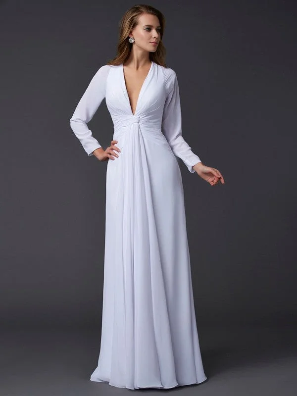 Fuzzy Long Sleeves Velvet DressSheath/Column V-neck Long Sleeves Ruched Long Chiffon Dresses