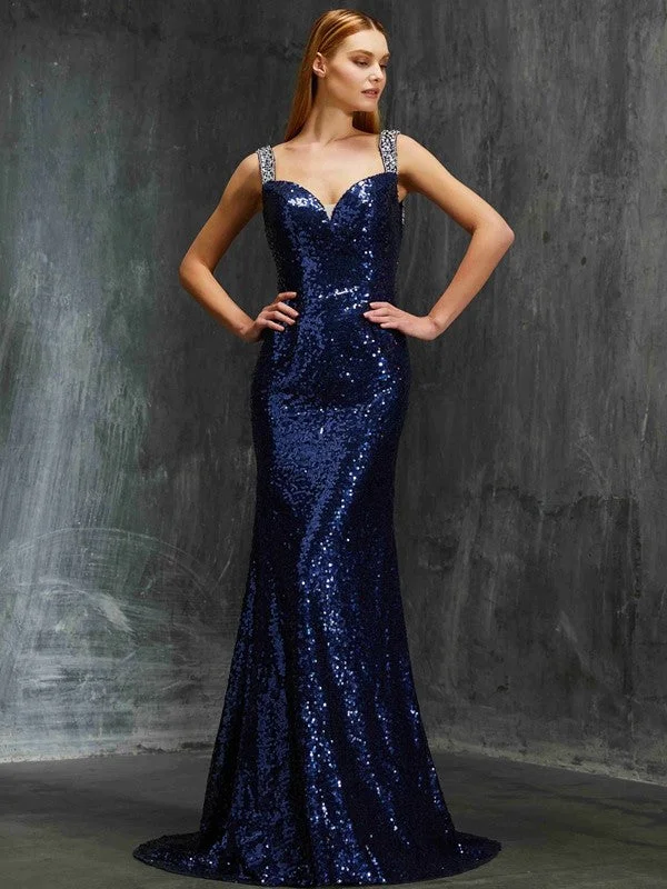 Sleeveless Dress In VelvetSheath/Column V-neck Sleeveless Sweep/Brush Train Beading Sequins Dresses