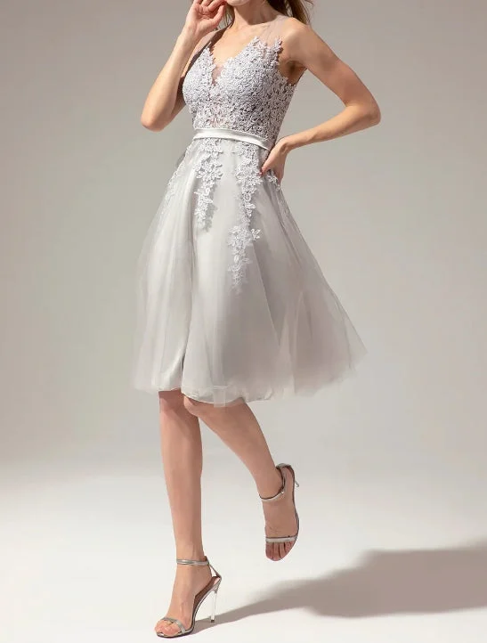 prom party dressesSilver V-Neck Lace Homecoming Dress Appliques