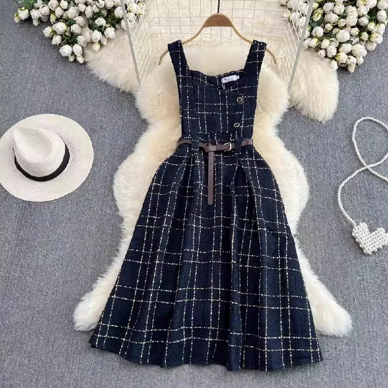 Sleeveless Dress In Crepesleeveless a-line plaid dress for women     S4103