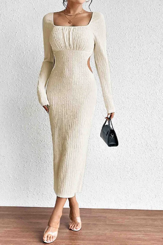 Full-Length Long Sleeves Formal GownSquare Neck Long Sleeve Cutout Knit Dress