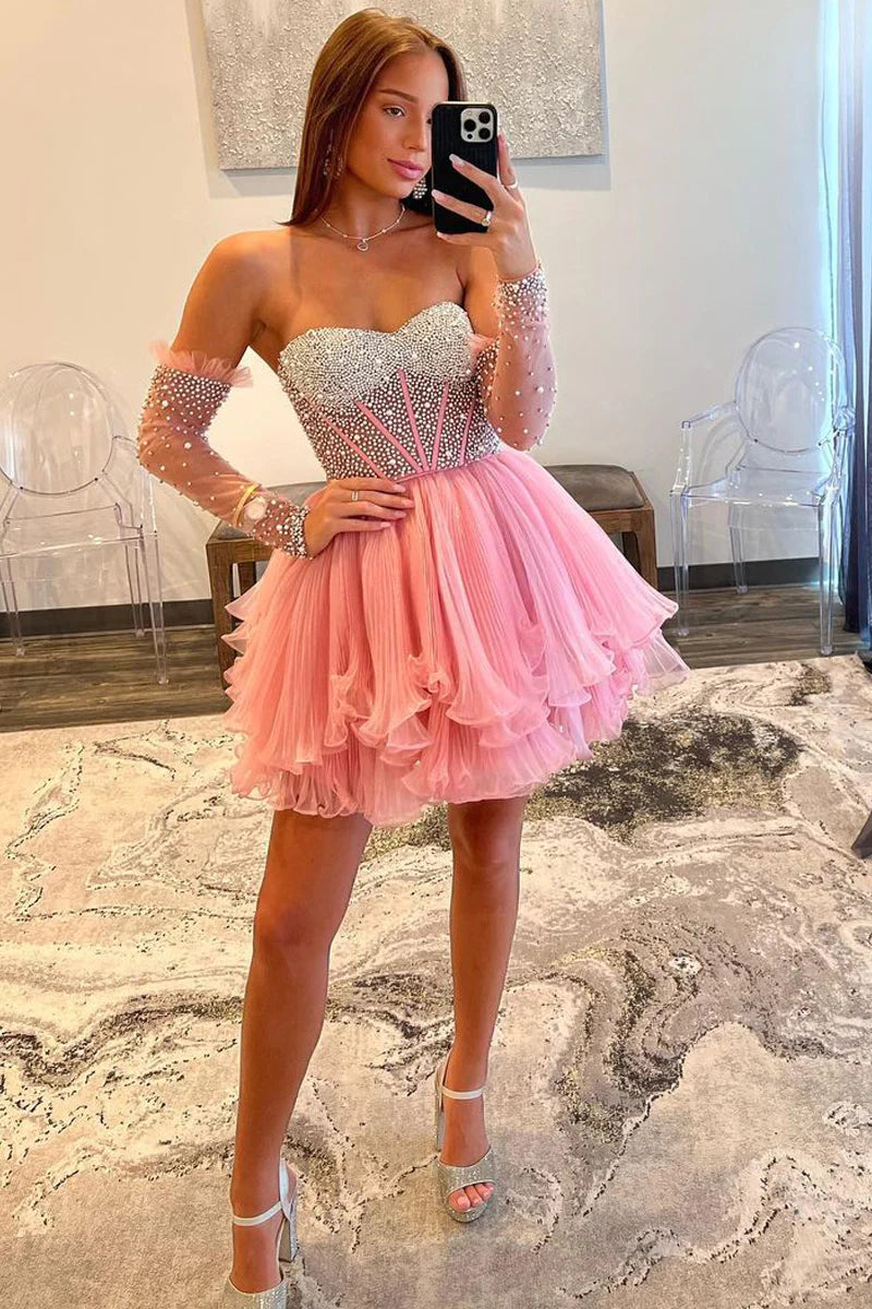 bohemian party dressesStunning A-Line Sweetheart Pink Beaded Homecoming Dresses with Sleeves